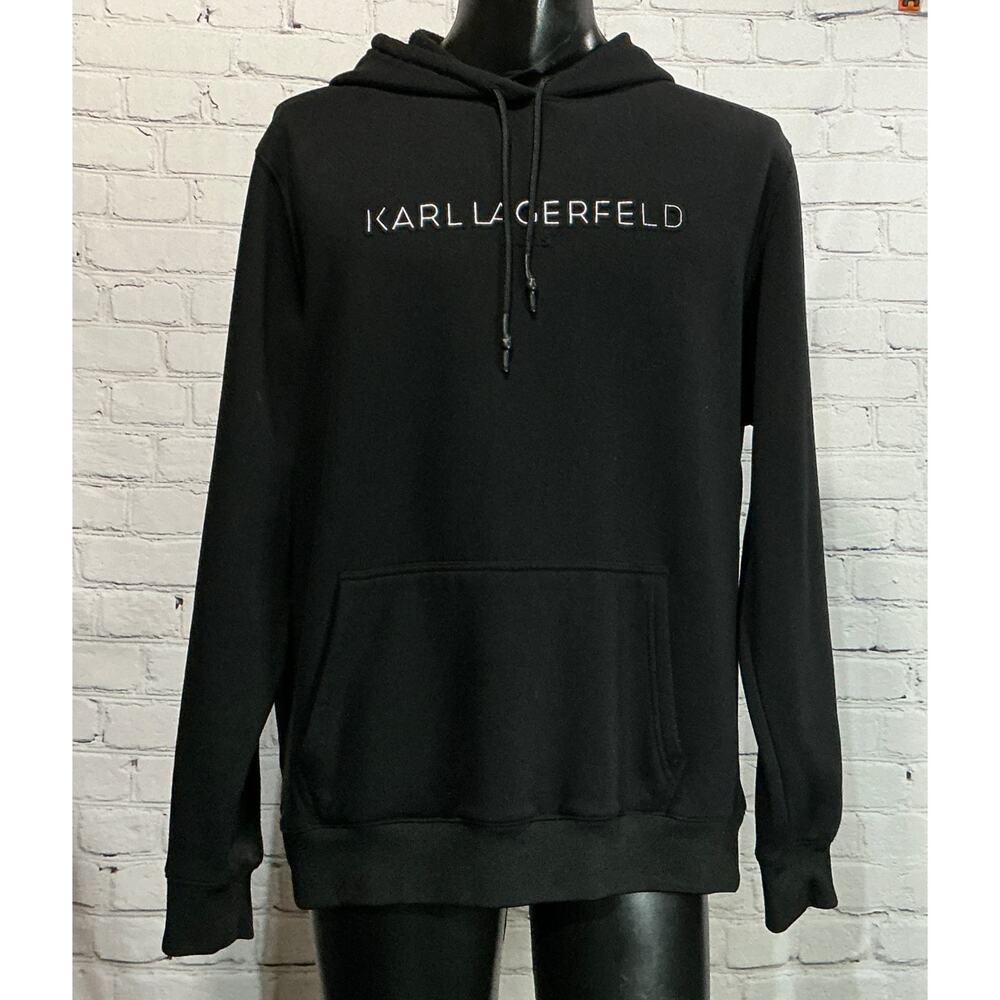 Karl Lagerfeld Paris Mens Black Embroidered Pullover Hoodie (Size XL)